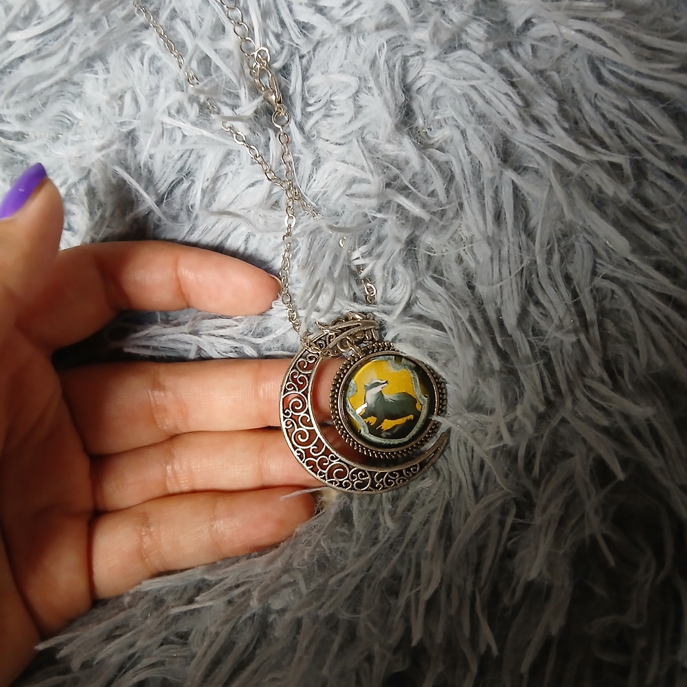 Silver and Yellow Crescent Moon Pendant Necklace